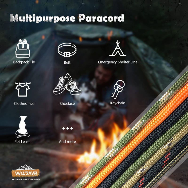 WILDAIR Paracord Survival Paracord Parachute Fire Cord Survival Ropes 4-in-1 5/32" Diameter U.S. Military Type III with Integrated Fishing Line, Fire-Starter Tinder (Black Red 100FT) - Image 5